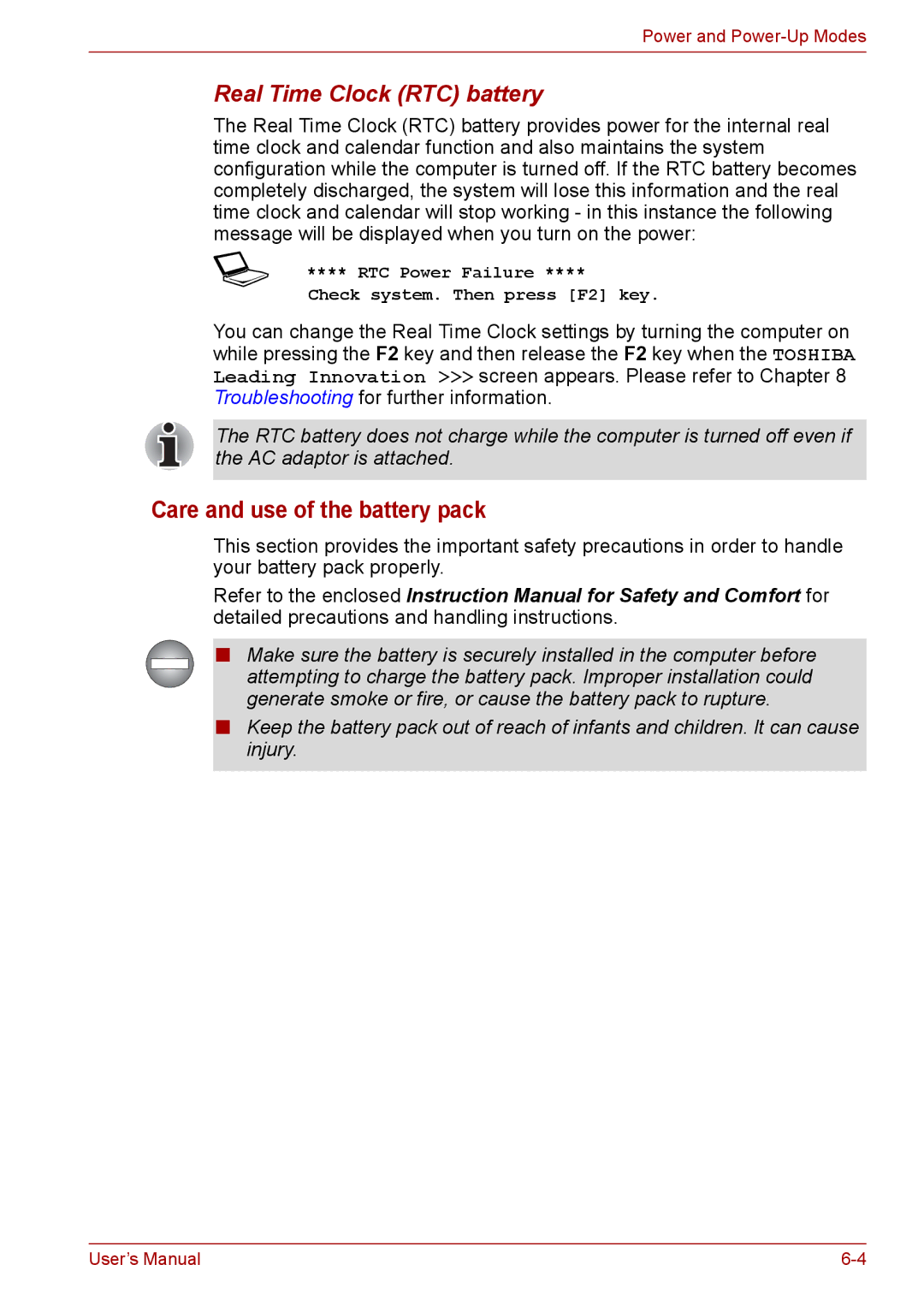 Toshiba Pro L670D, L675D user manual Care and use of the battery pack, Real Time Clock RTC battery 