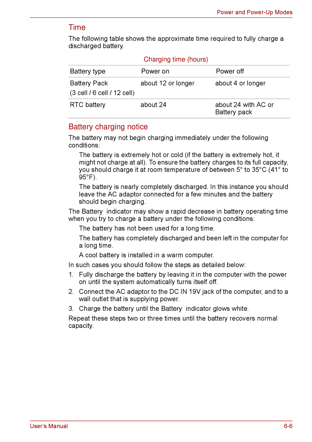 Toshiba Pro L670D, L675D user manual Time, Battery charging notice, Battery type Power on Power off 