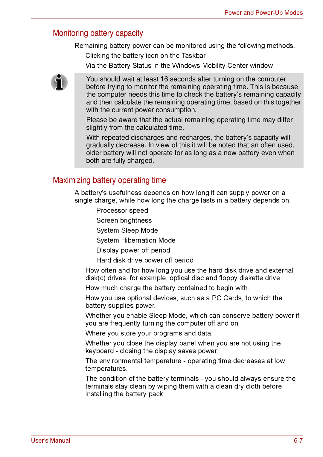 Toshiba Pro L670D, L675D user manual Monitoring battery capacity, Maximizing battery operating time 