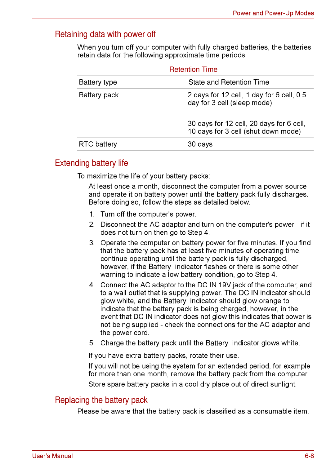 Toshiba L675D, Pro L670D user manual Retaining data with power off, Extending battery life, Replacing the battery pack 