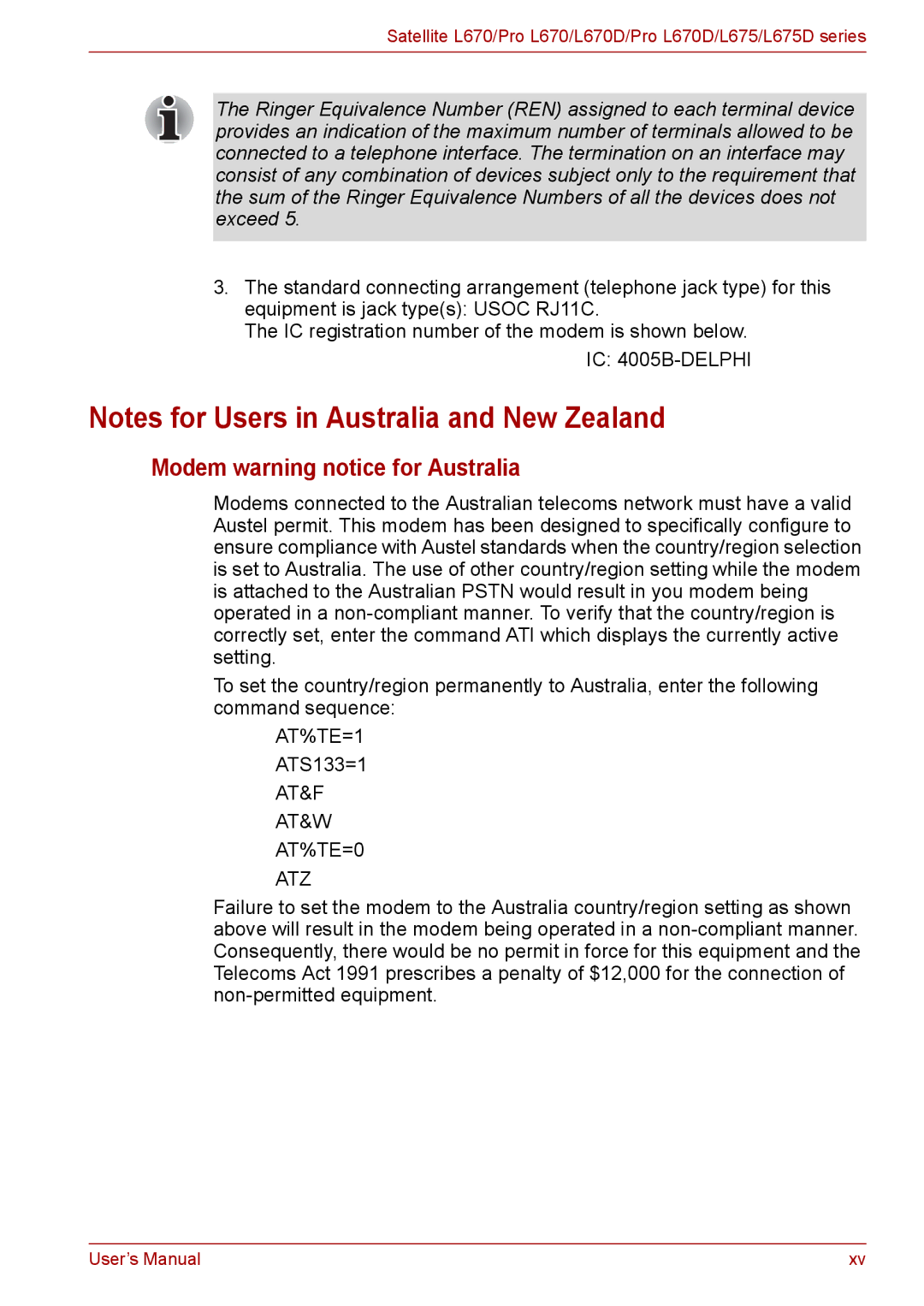 Toshiba Pro L670D, L675D user manual Modem warning notice for Australia, AT&F AT&W AT%TE=0 ATZ 