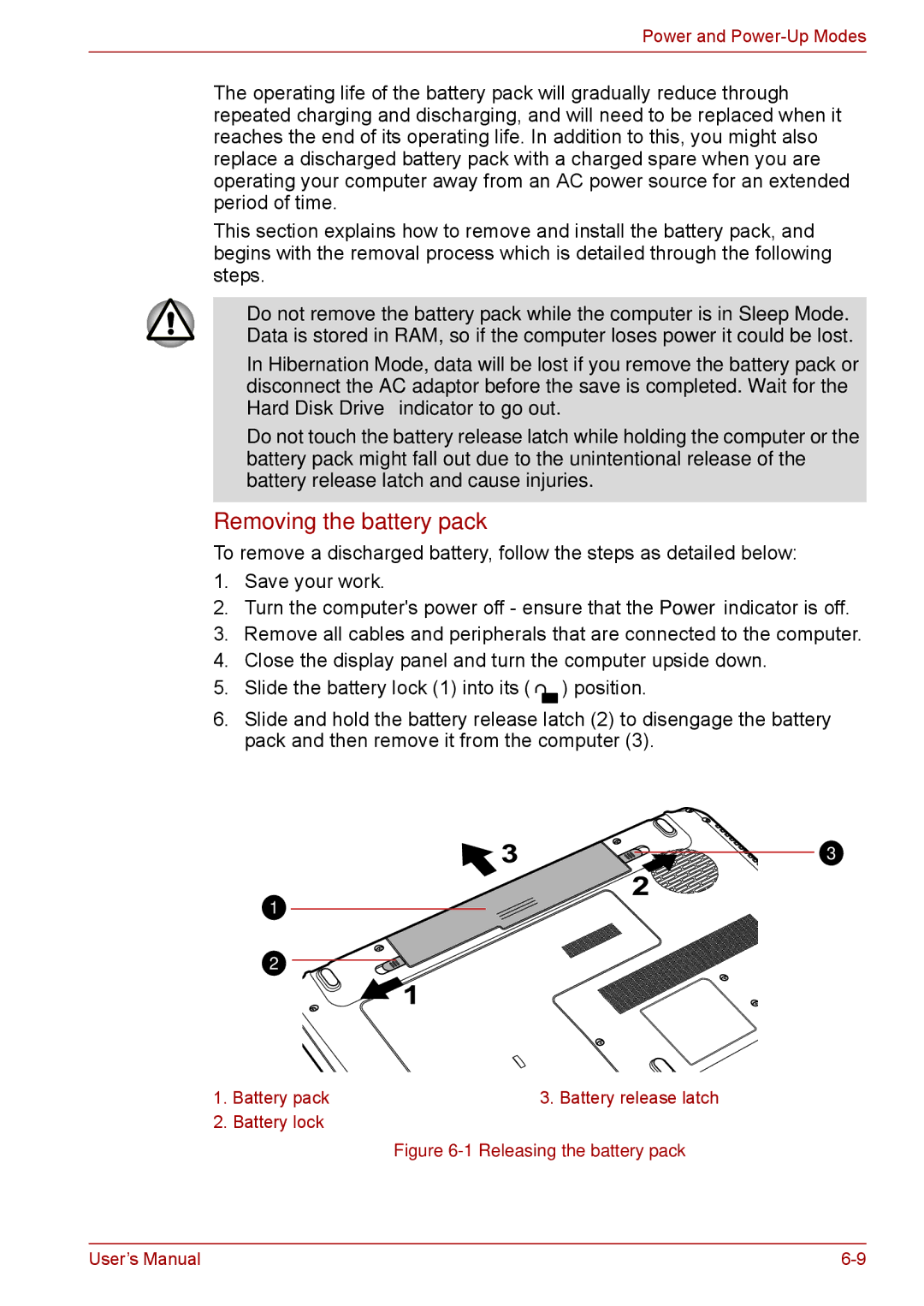 Toshiba Pro L670D, L675D user manual Removing the battery pack, Releasing the battery pack 