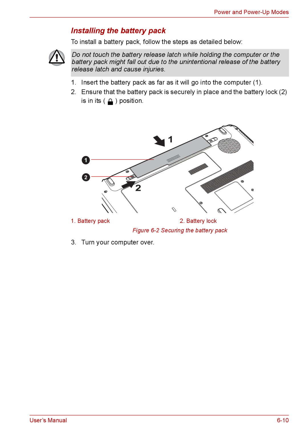 Toshiba Pro L670D, L675D user manual Installing the battery pack, Securing the battery pack 