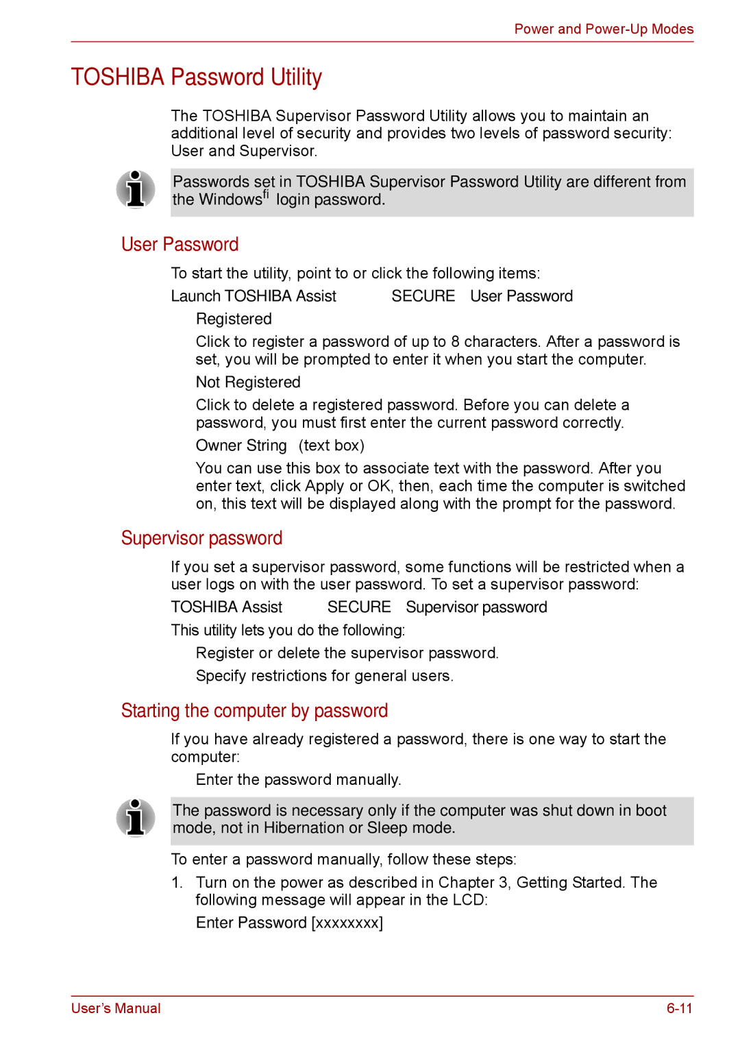 Toshiba Pro L670D, L675 Toshiba Password Utility, User Password, Supervisor password, Starting the computer by password 