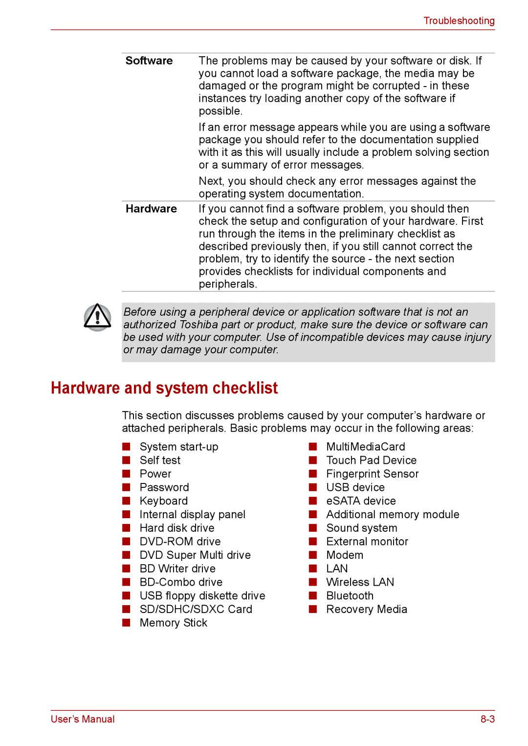 Toshiba Pro L670D, L675D user manual Hardware and system checklist 