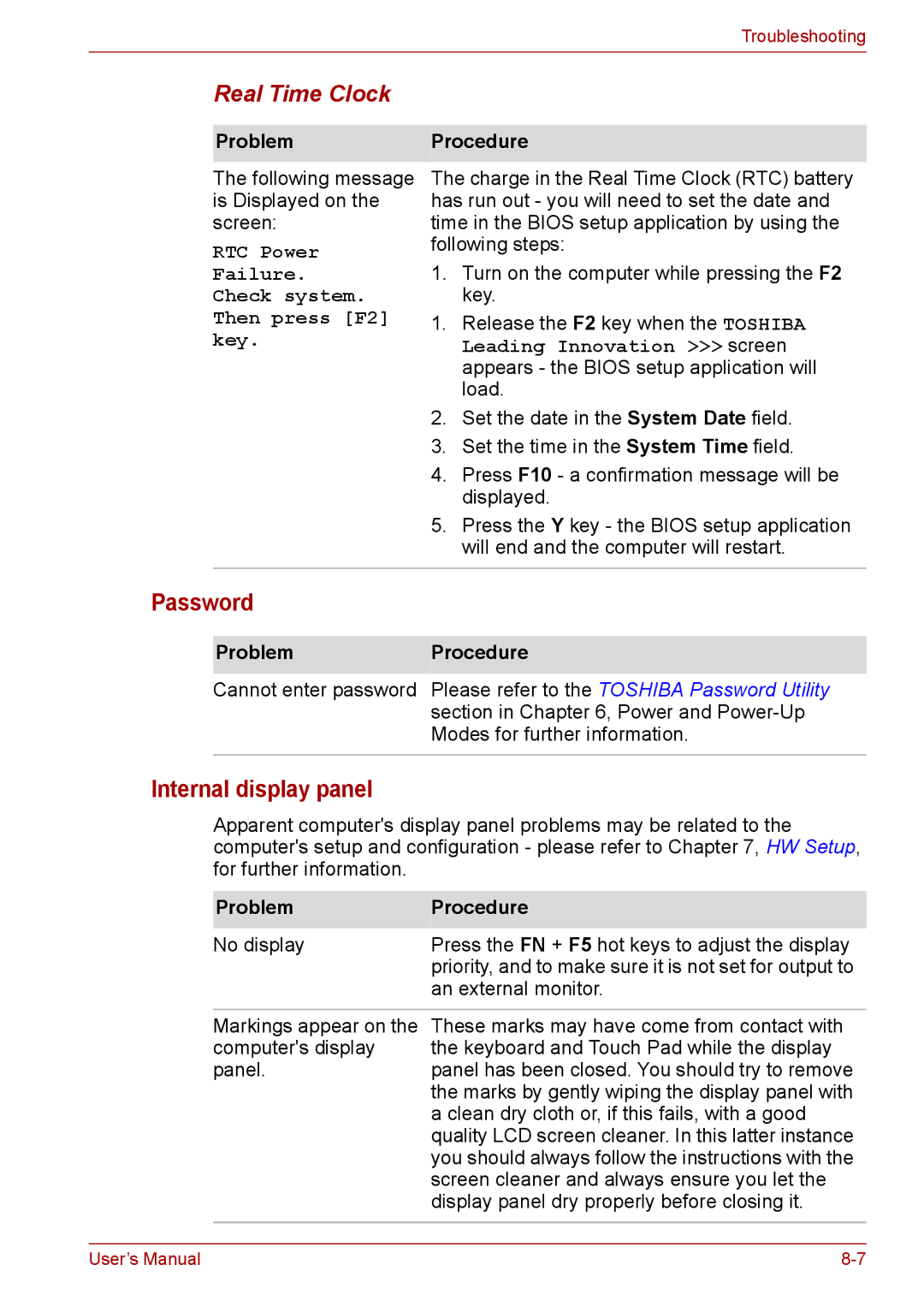 Toshiba Pro L670D, L675D user manual Password, Internal display panel, Real Time Clock 