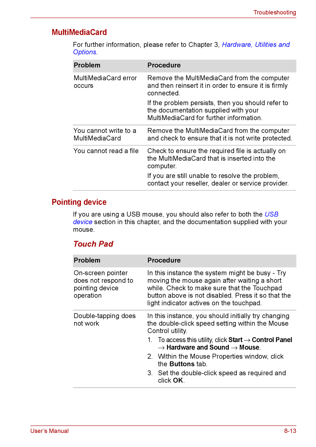 Toshiba Pro L670D, L675D user manual MultiMediaCard, Pointing device, Touch Pad, → Hardware and Sound → Mouse 