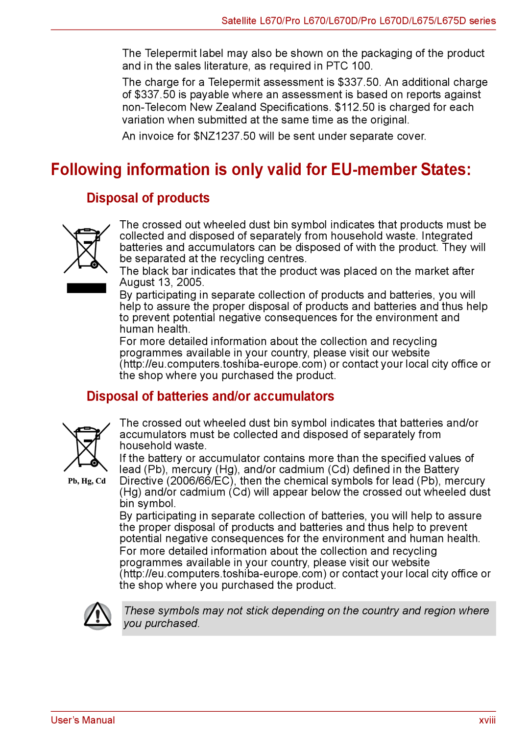 Toshiba Pro L670D, L675D user manual Following information is only valid for EU-member States, Disposal of products 