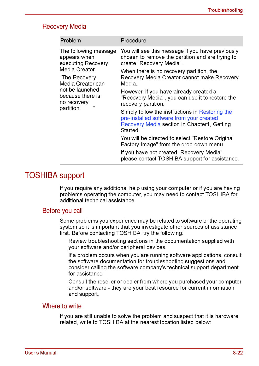 Toshiba Pro L670D, L675D user manual Toshiba support, Recovery Media, Before you call, Where to write 