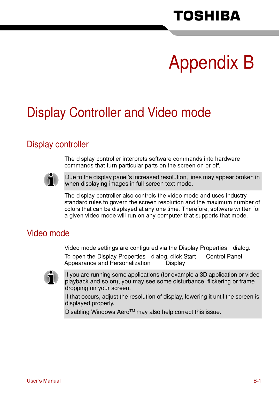 Toshiba Pro L670D, L675D user manual Display Controller and Video mode, Display controller 