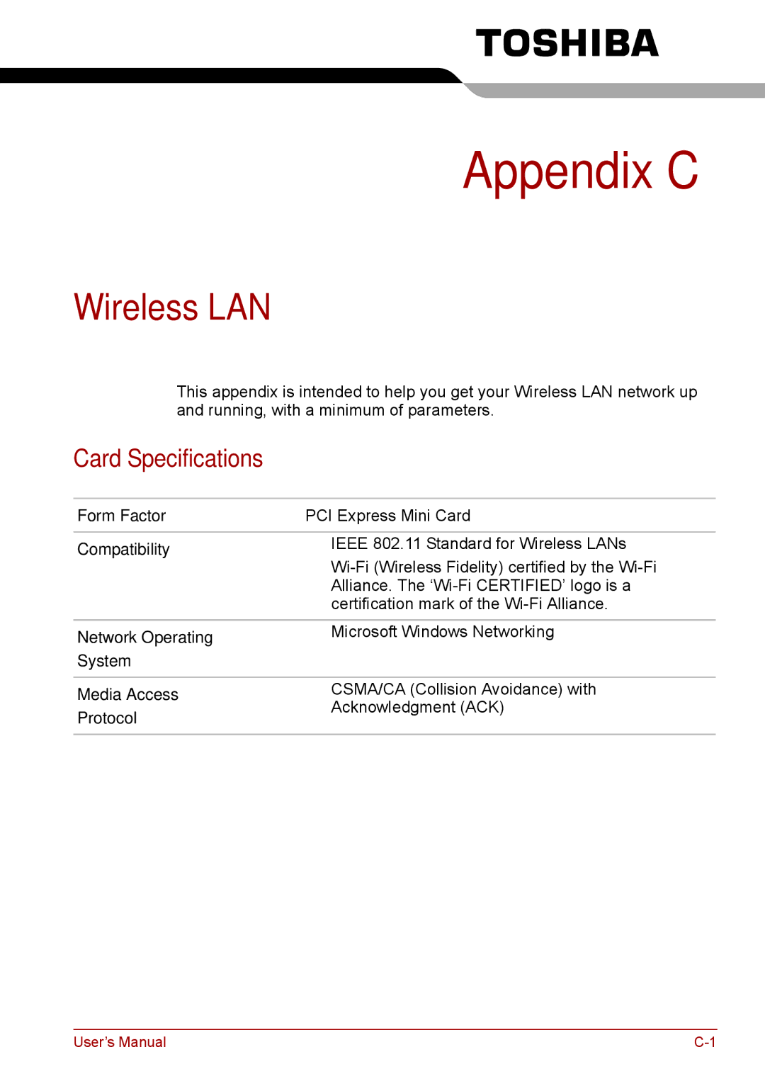 Toshiba Pro L670D, L675D user manual Wireless LAN, Card Specifications 