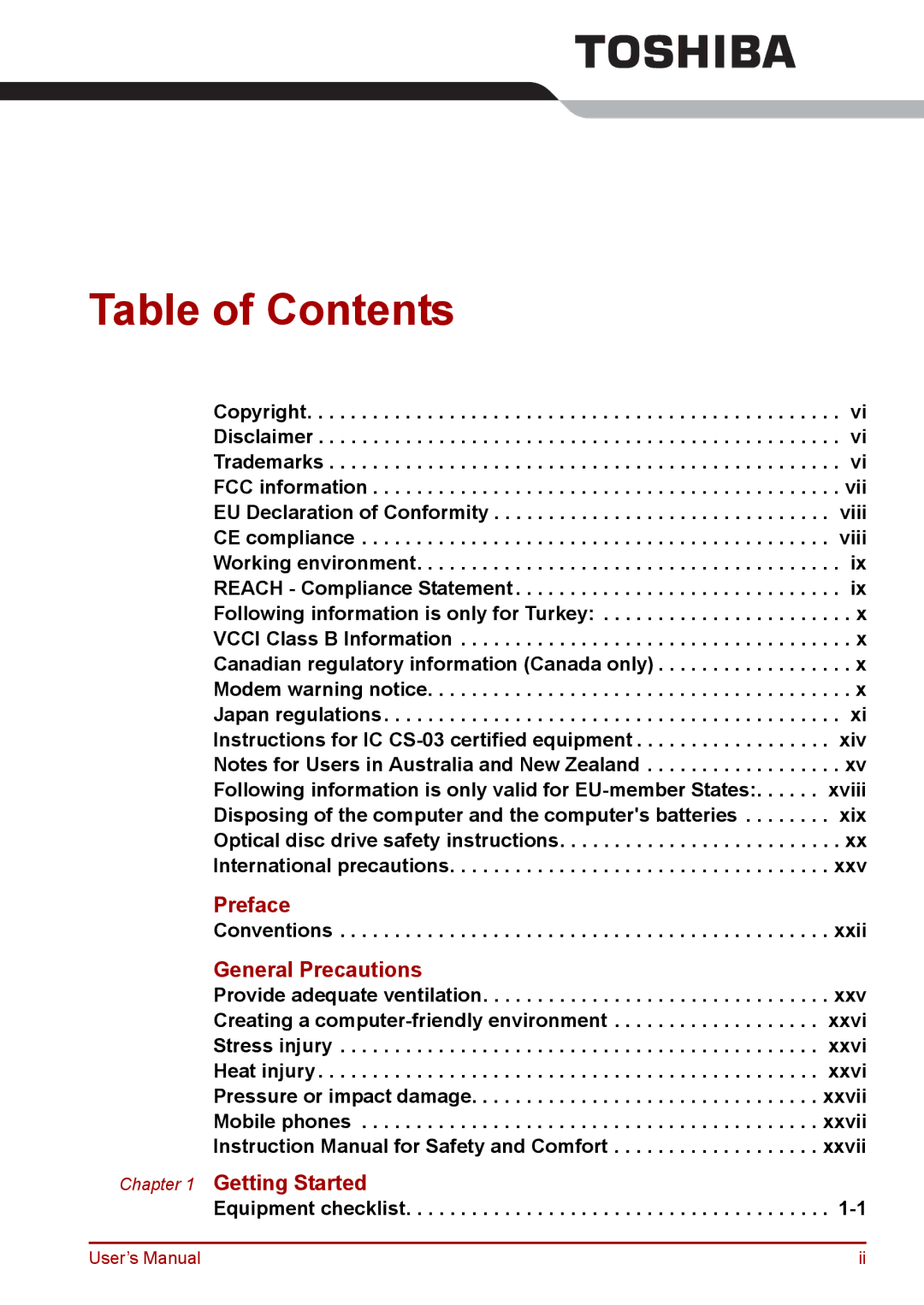 Toshiba Pro L670D, L675D user manual Table of Contents 