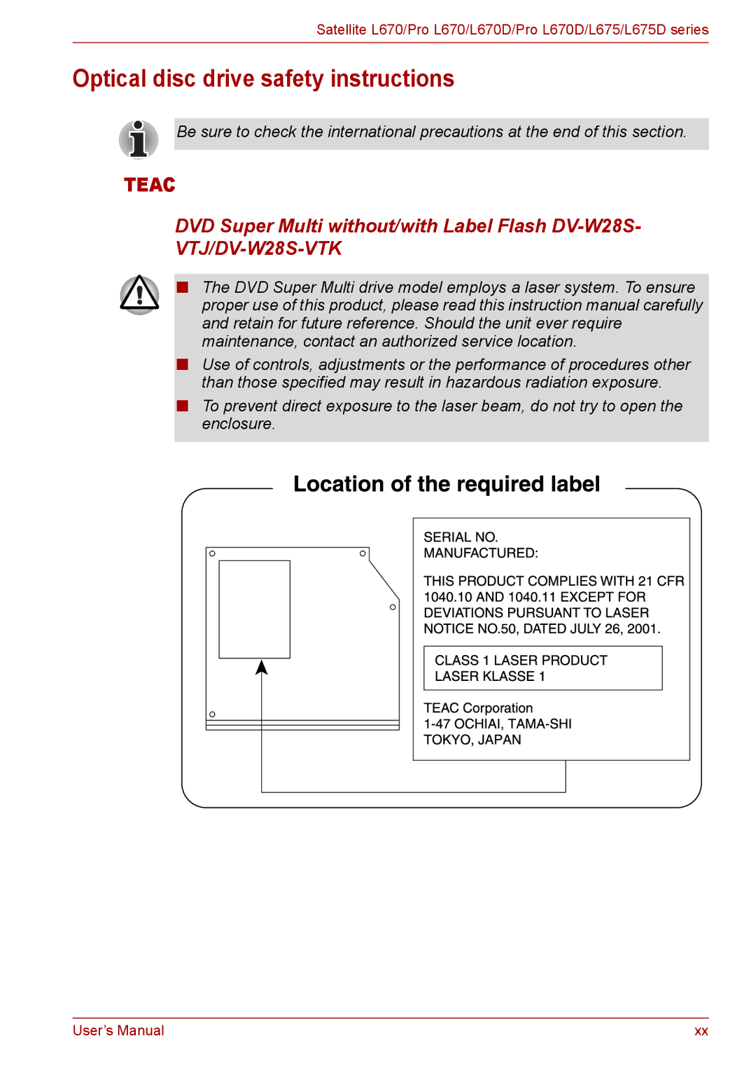 Toshiba Pro L670D, L675D Optical disc drive safety instructions, DVD Super Multi without/with Label Flash DV-W28S 