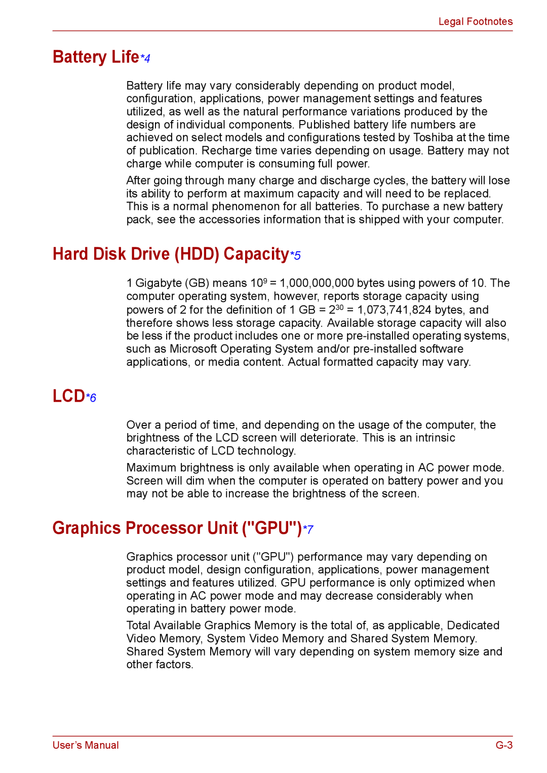 Toshiba L675D, Pro L670D user manual Battery Life*4, Hard Disk Drive HDD Capacity*5, Graphics Processor Unit GPU*7 