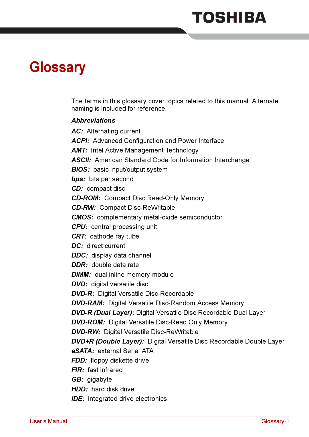 Toshiba Pro L670D, L675D user manual Glossary, Abbreviations 