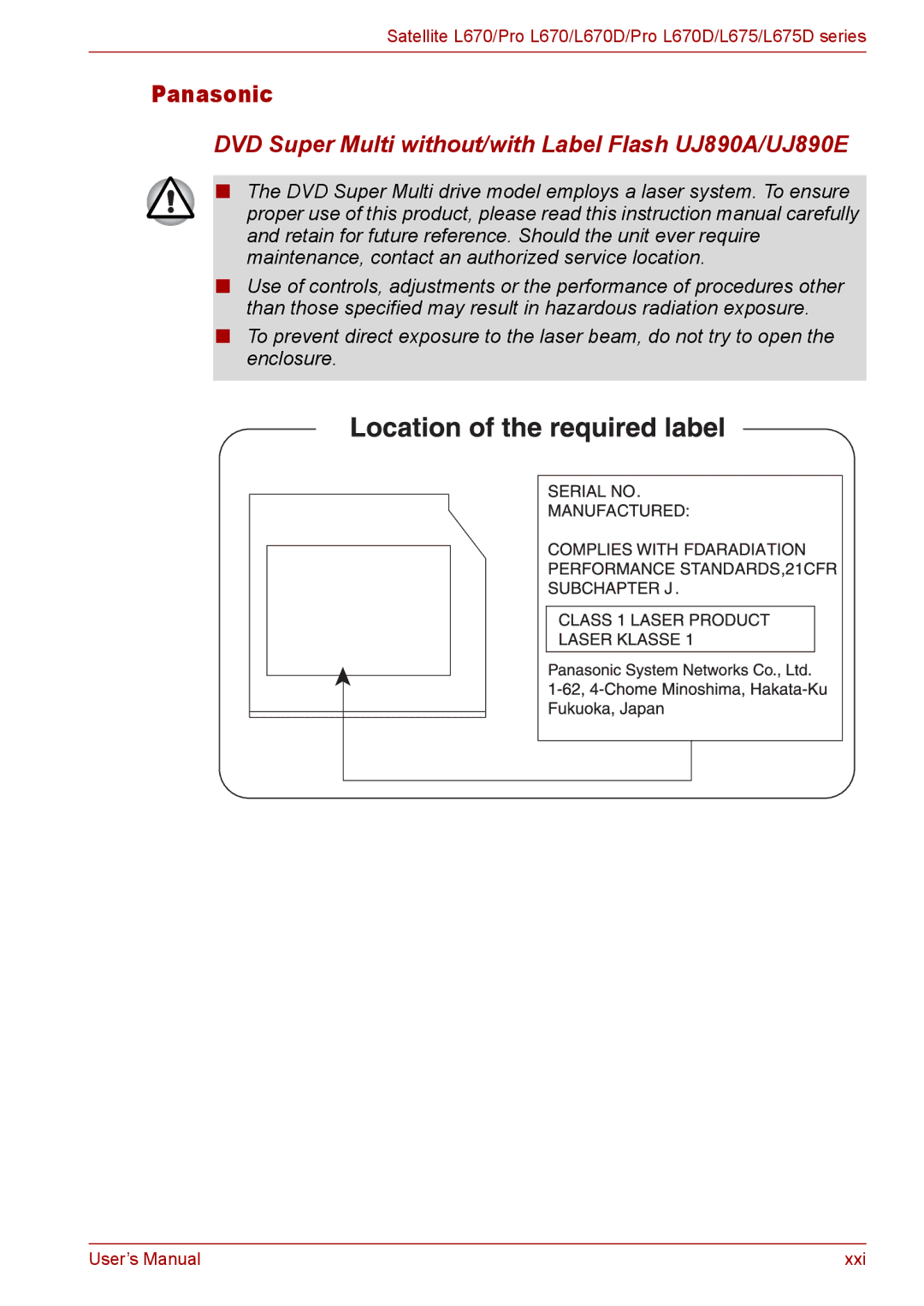 Toshiba Pro L670D, L675D user manual Panasonic, DVD Super Multi without/with Label Flash UJ890A/UJ890E 