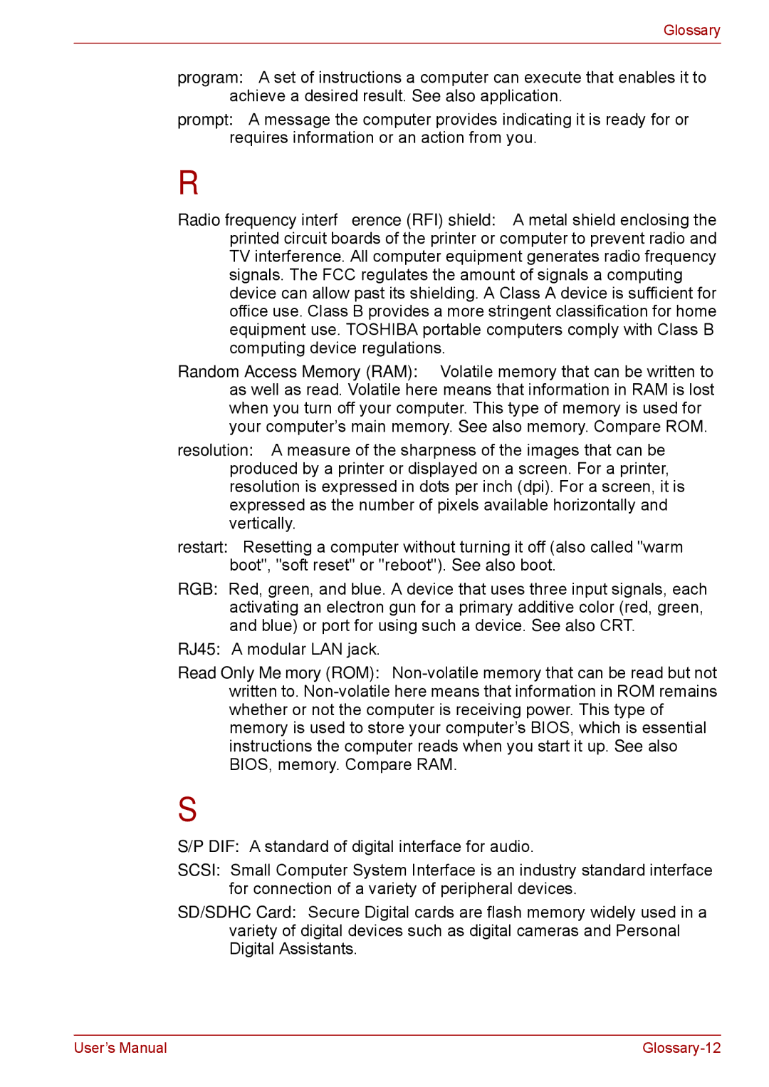 Toshiba Pro L670D, L675D user manual Glossary-12 