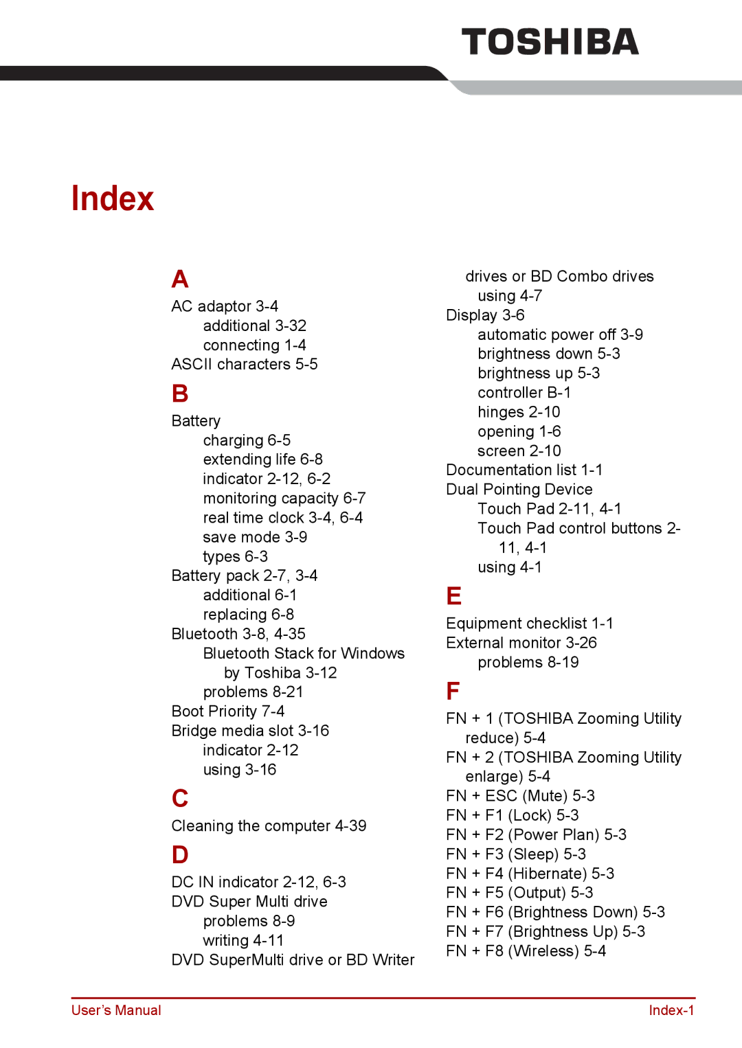 Toshiba Pro L670D, L675D user manual Index 