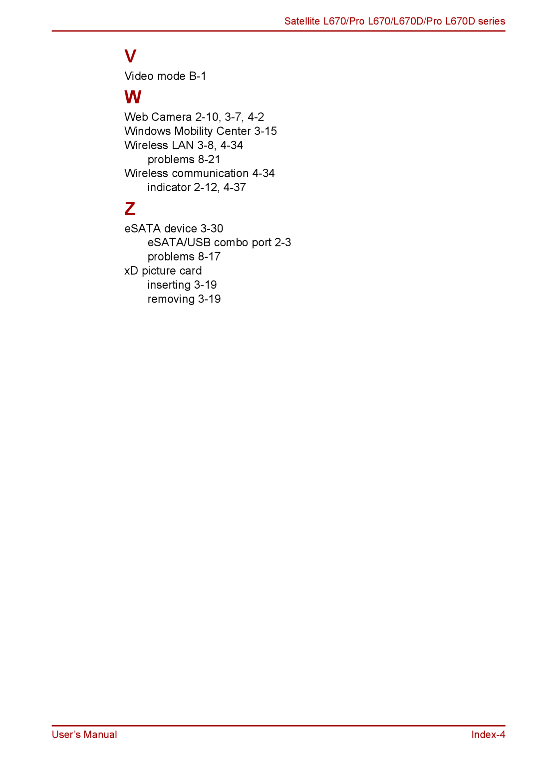 Toshiba Pro L670D, L675D user manual Index-4 