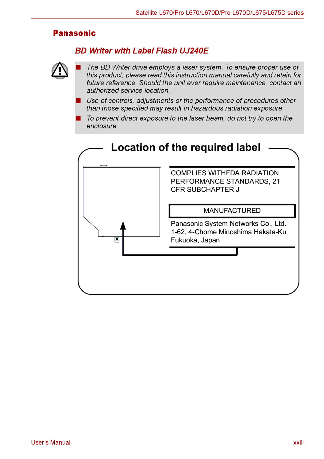 Toshiba L675D, Pro L670D user manual Location of the required label, BD Writer with Label Flash UJ240E 