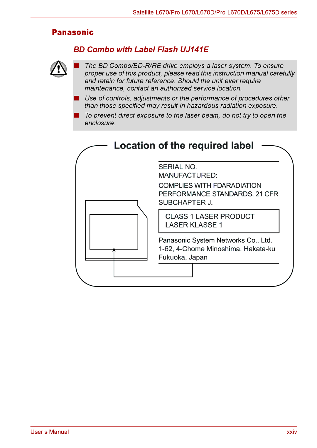 Toshiba Pro L670D, L675D user manual BD Combo with Label Flash UJ141E 