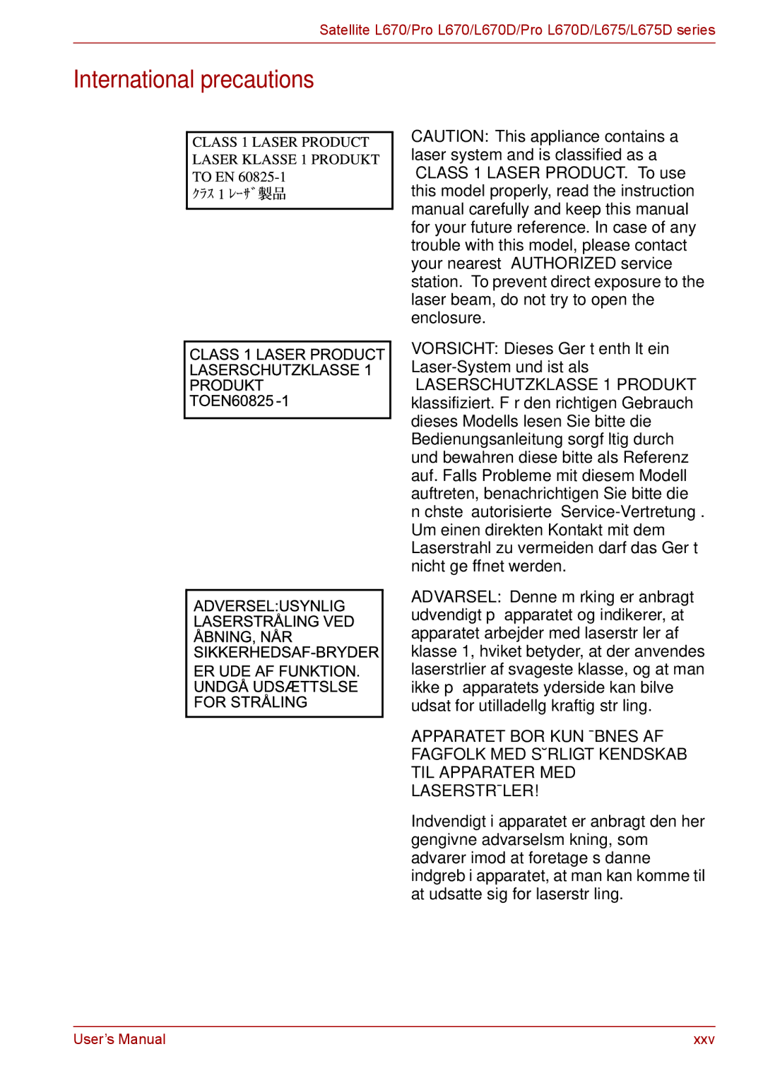 Toshiba Pro L670D, L675D International precautions, Vorsicht Dieses Gerät enthält ein Laser-System und ist als 