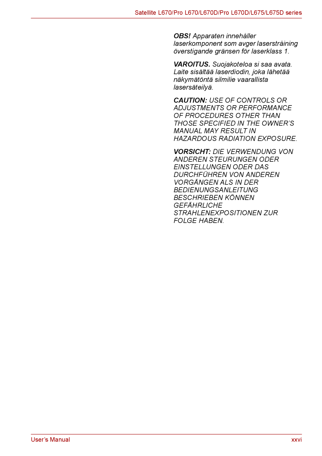 Toshiba Pro L670D, L675D user manual Xxvi 