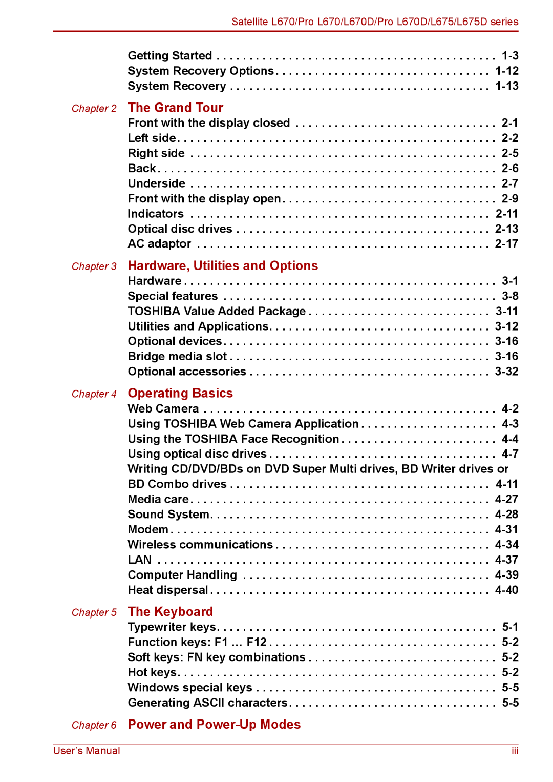 Toshiba Pro L670D, L675D user manual Grand Tour, Getting Started System Recovery Options 