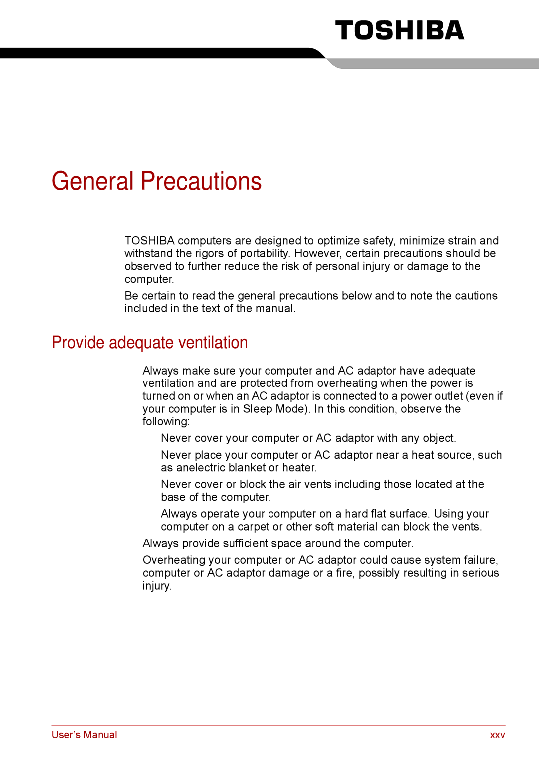 Toshiba Pro L670D, L675D user manual General Precautions, Provide adequate ventilation 