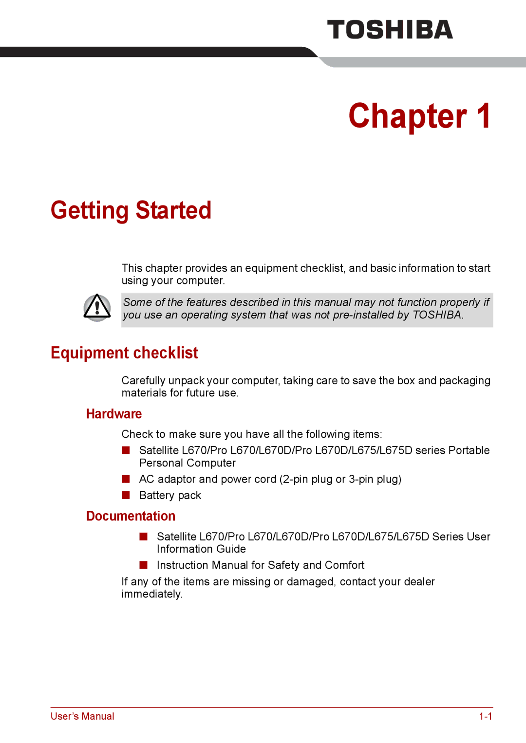 Toshiba Pro L670D, L675D user manual Getting Started, Equipment checklist, Hardware, Documentation 