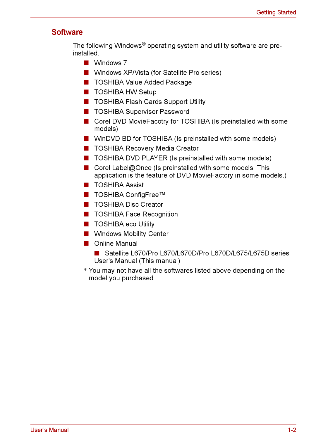 Toshiba Pro L670D, L675D user manual Software 