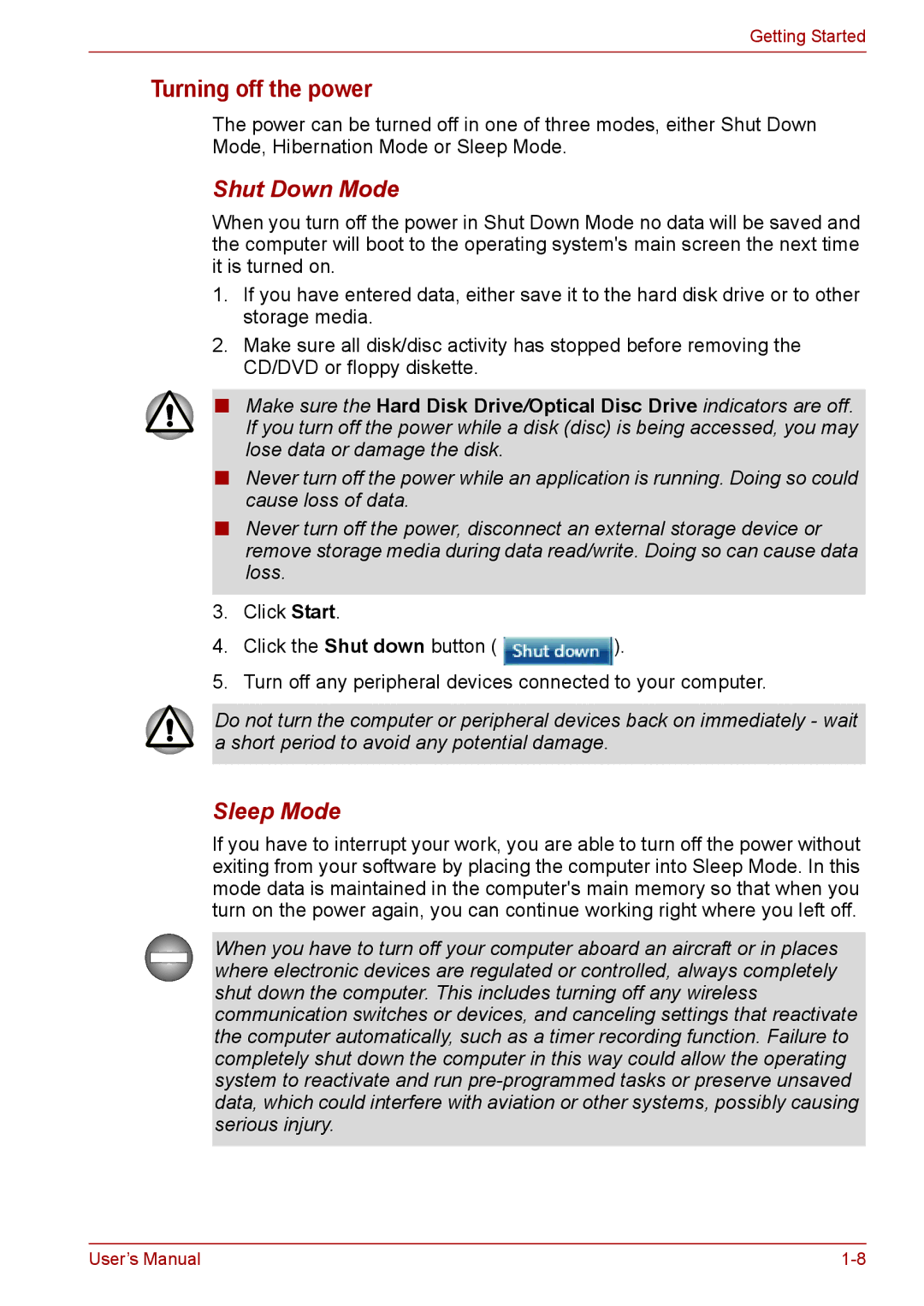 Toshiba Pro L670D, L675D user manual Turning off the power, Shut Down Mode, Sleep Mode 