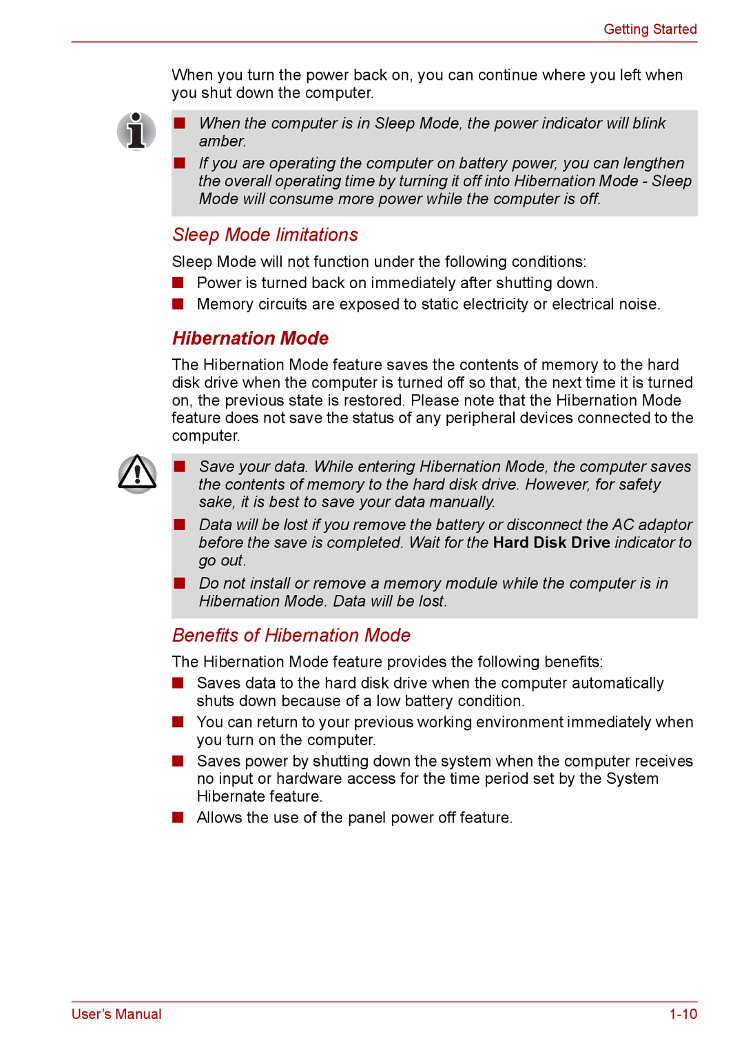 Toshiba Pro L670D, L675D user manual Sleep Mode limitations, Hibernation Mode 