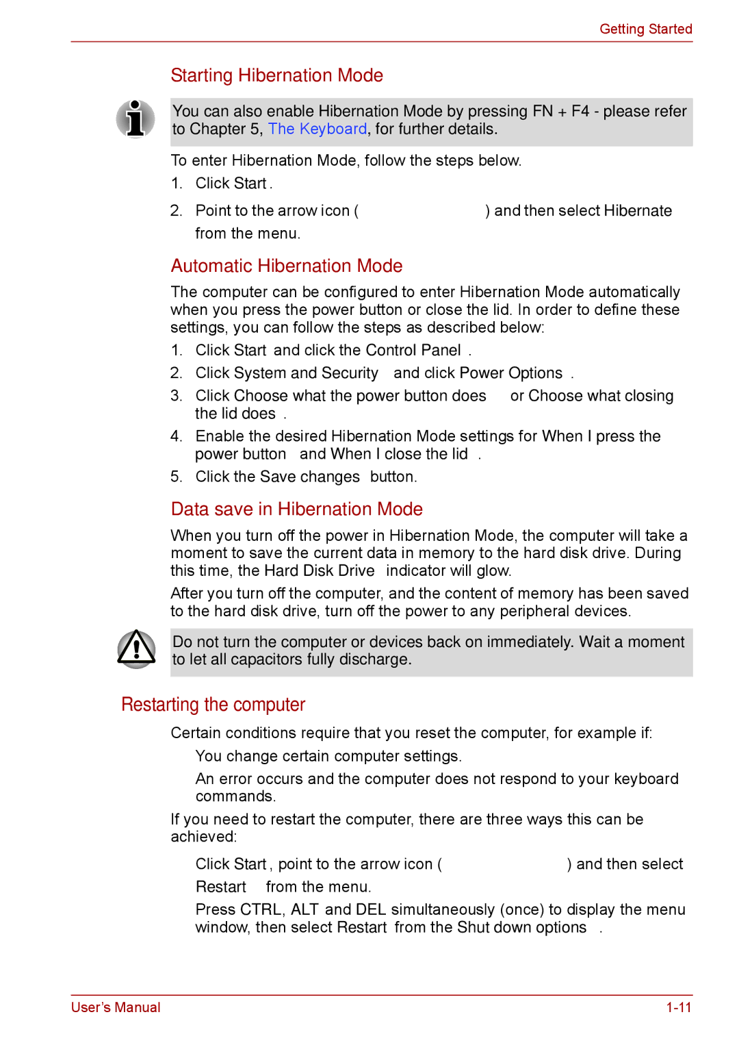 Toshiba Pro L670D, L675D user manual Restarting the computer, Starting Hibernation Mode 