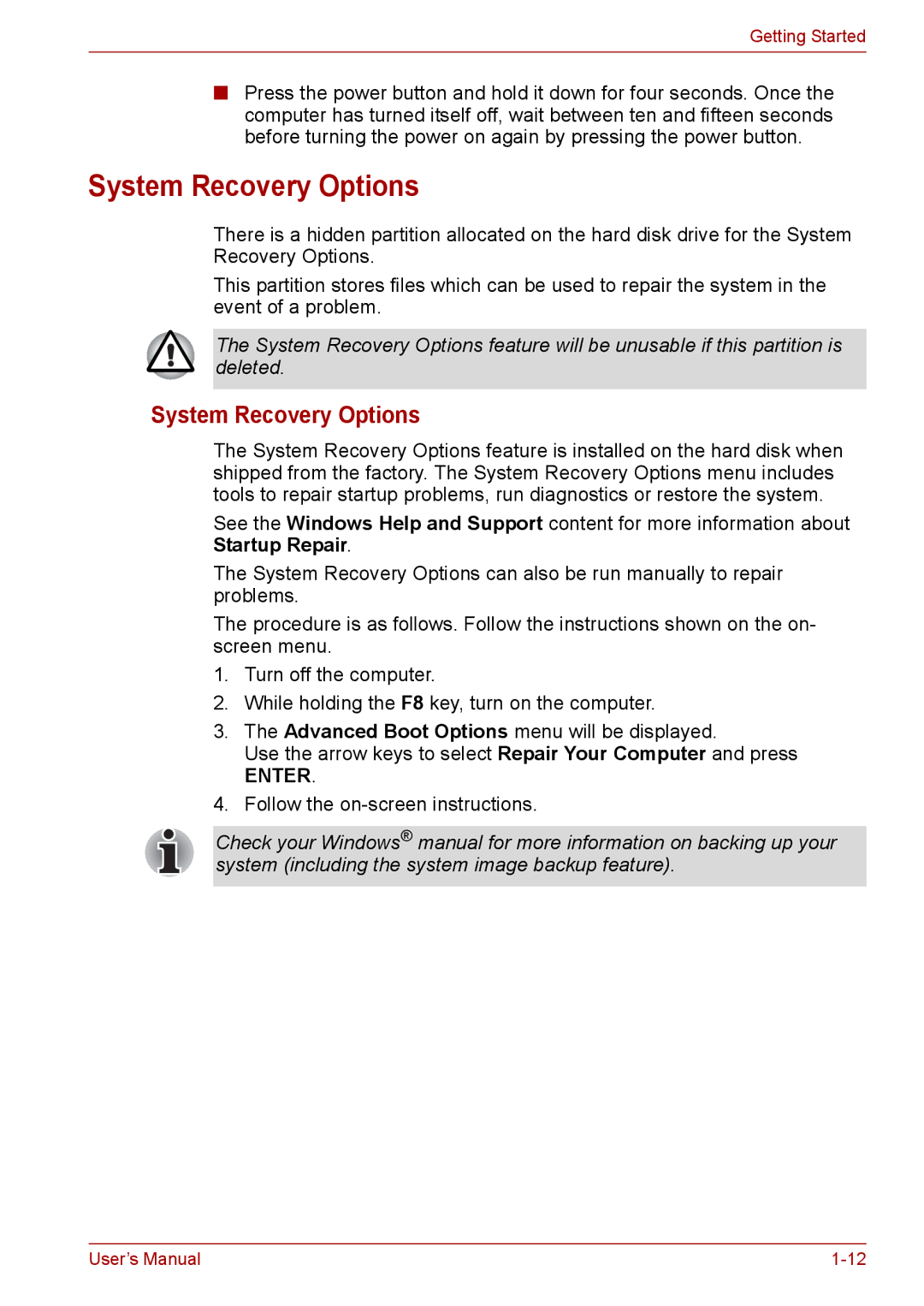 Toshiba Pro L670D, L675D user manual System Recovery Options 