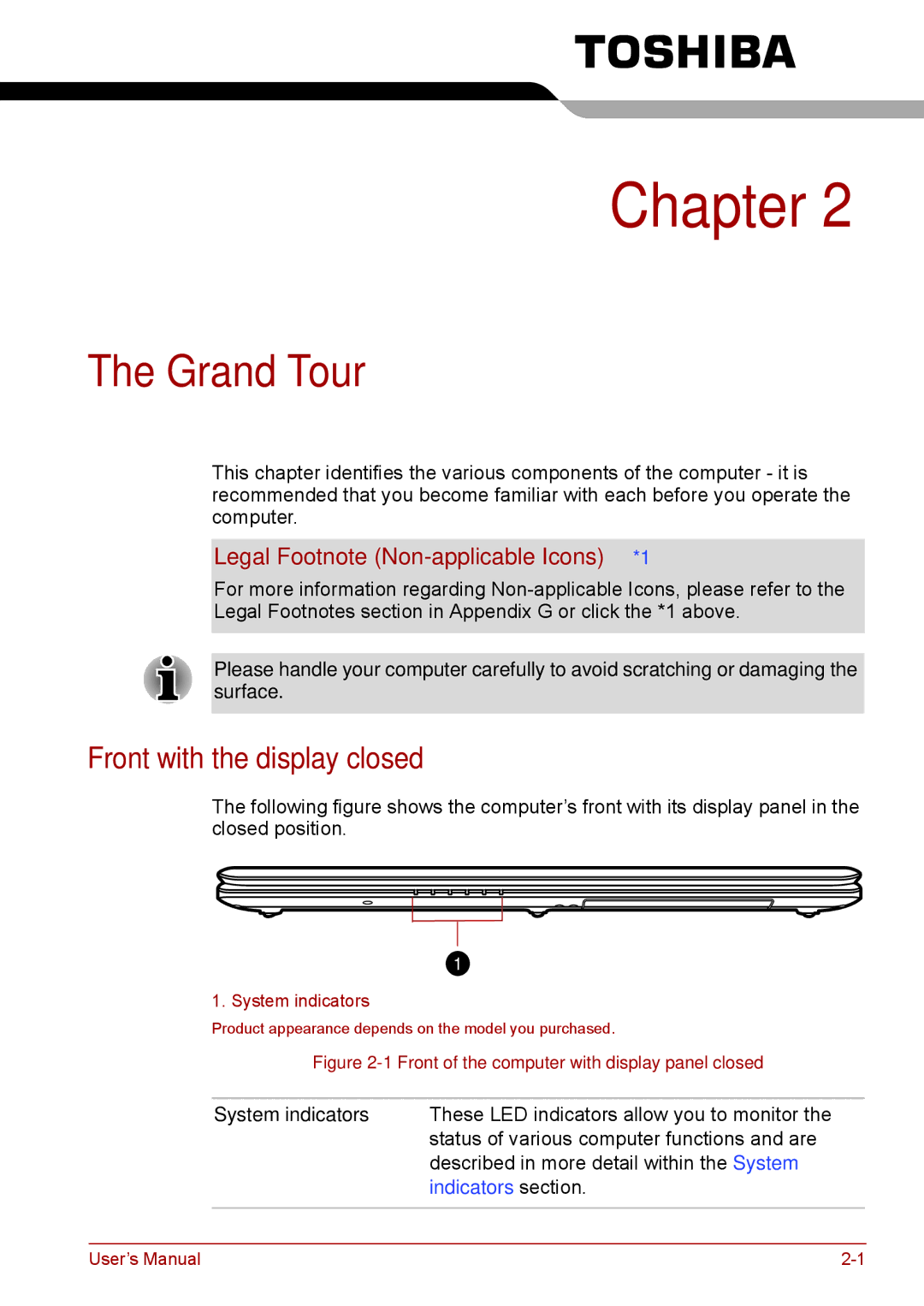 Toshiba Pro L670D, L675D user manual Grand Tour, Front with the display closed, Legal Footnote Non-applicable Icons*1 