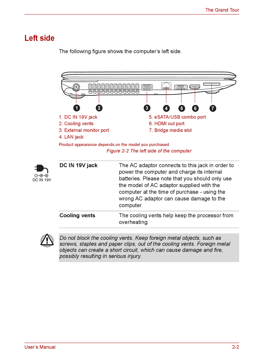 Toshiba Pro L670D, L675D user manual Left side, DC in 19V jack, Cooling vents 