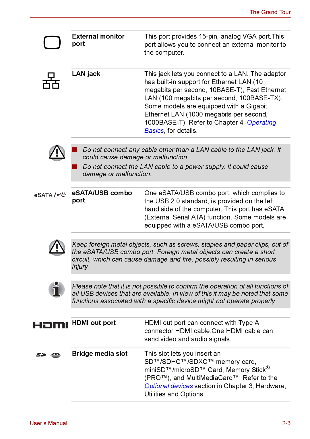 Toshiba Pro L670D, L675D user manual External monitor, Port, LAN jack, ESATA/USB combo, Hdmi out port, Bridge media slot 