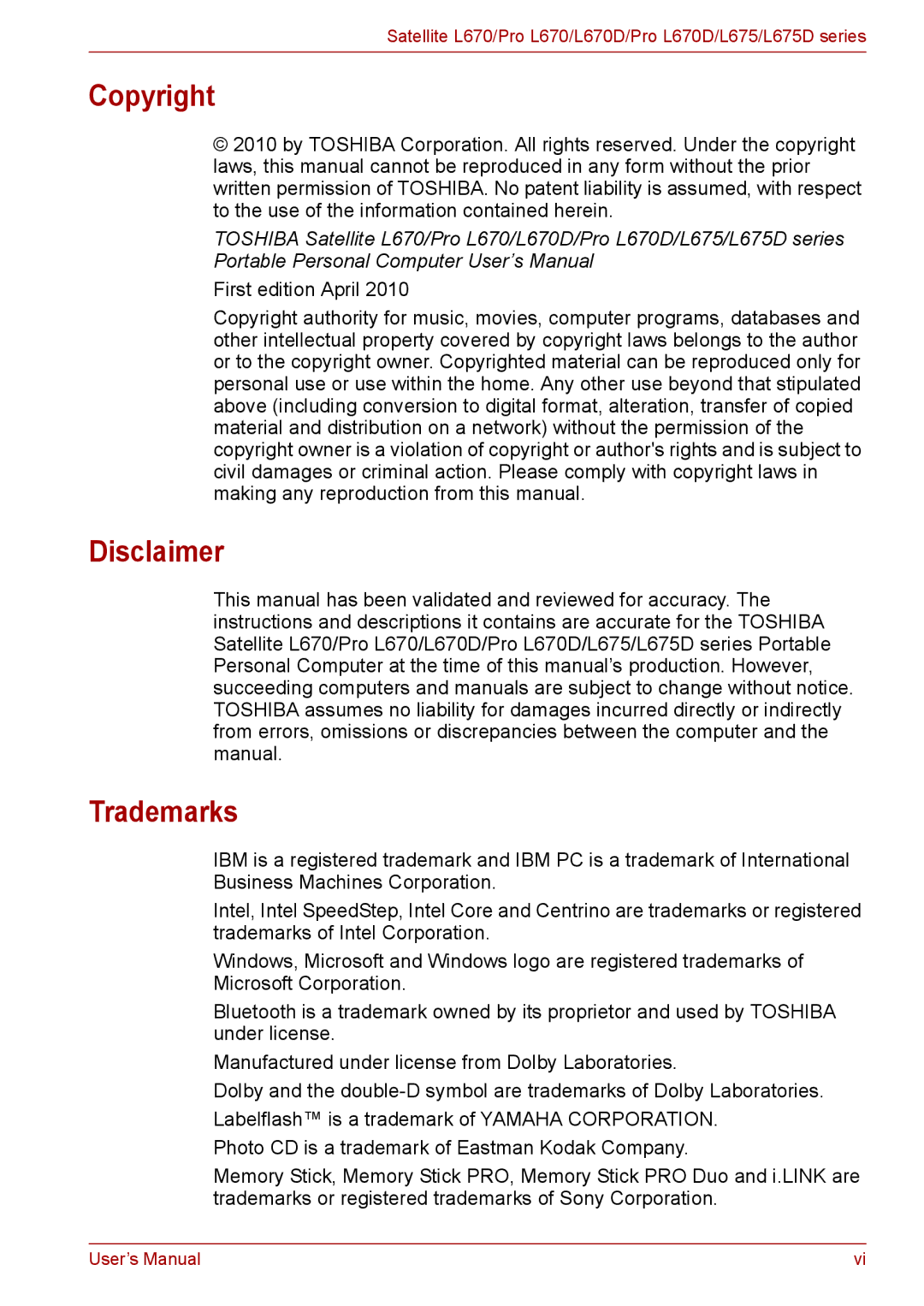 Toshiba Pro L670D, L675D user manual Copyright, Disclaimer, Trademarks 