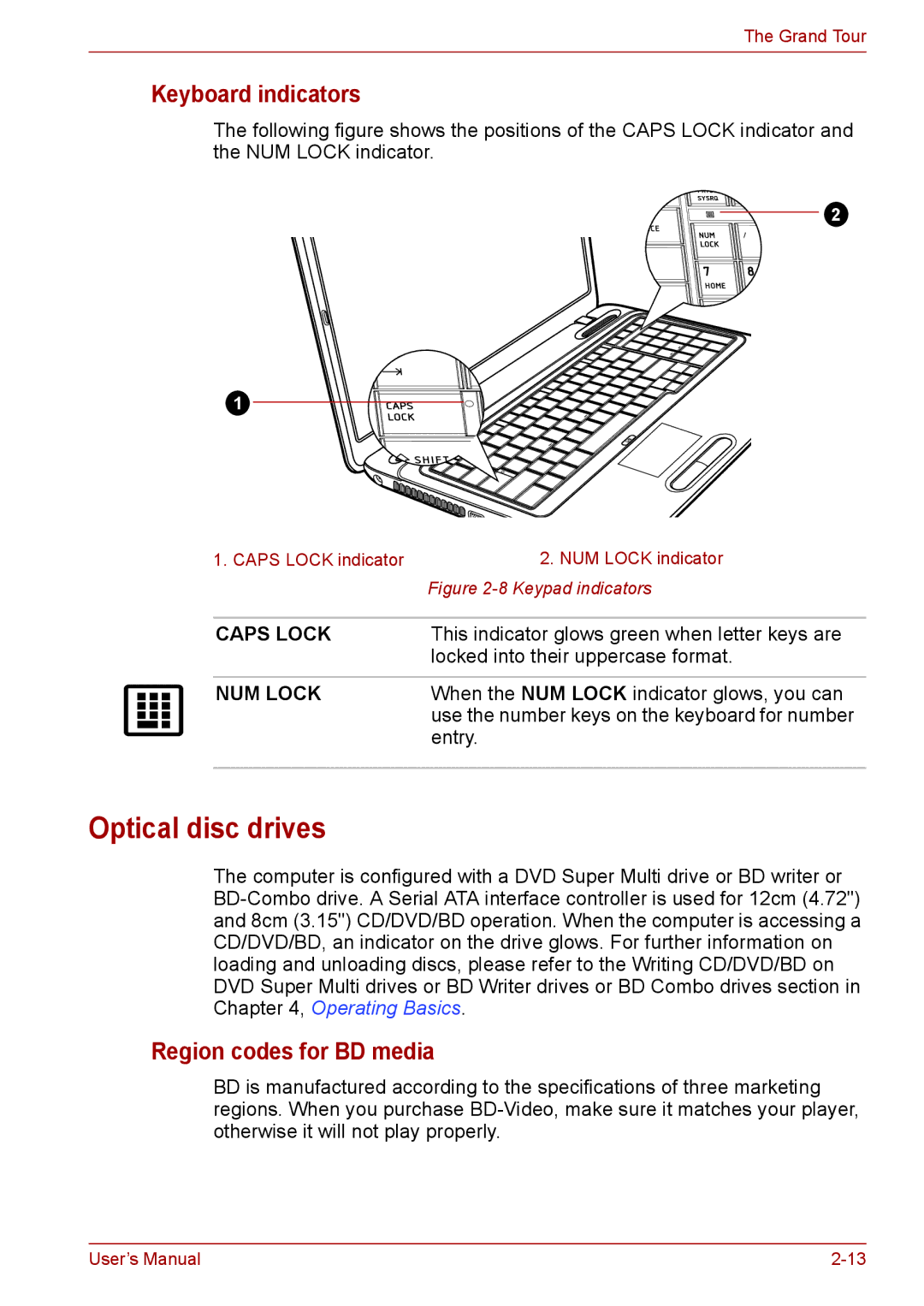 Toshiba Pro L670D, L675D user manual Optical disc drives, Keyboard indicators, Region codes for BD media 