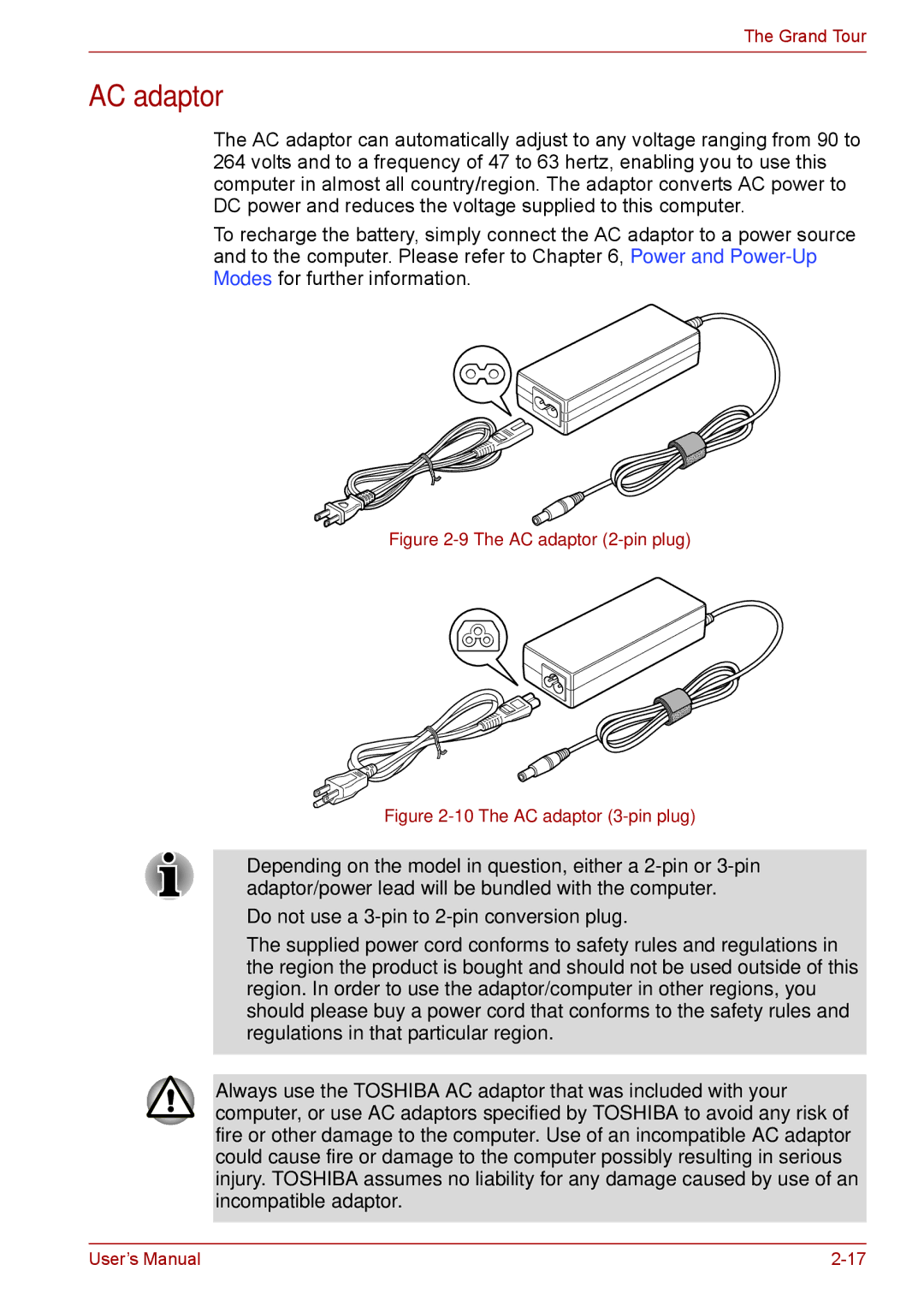 Toshiba Pro L670D, L675D user manual AC adaptor 2-pin plug 