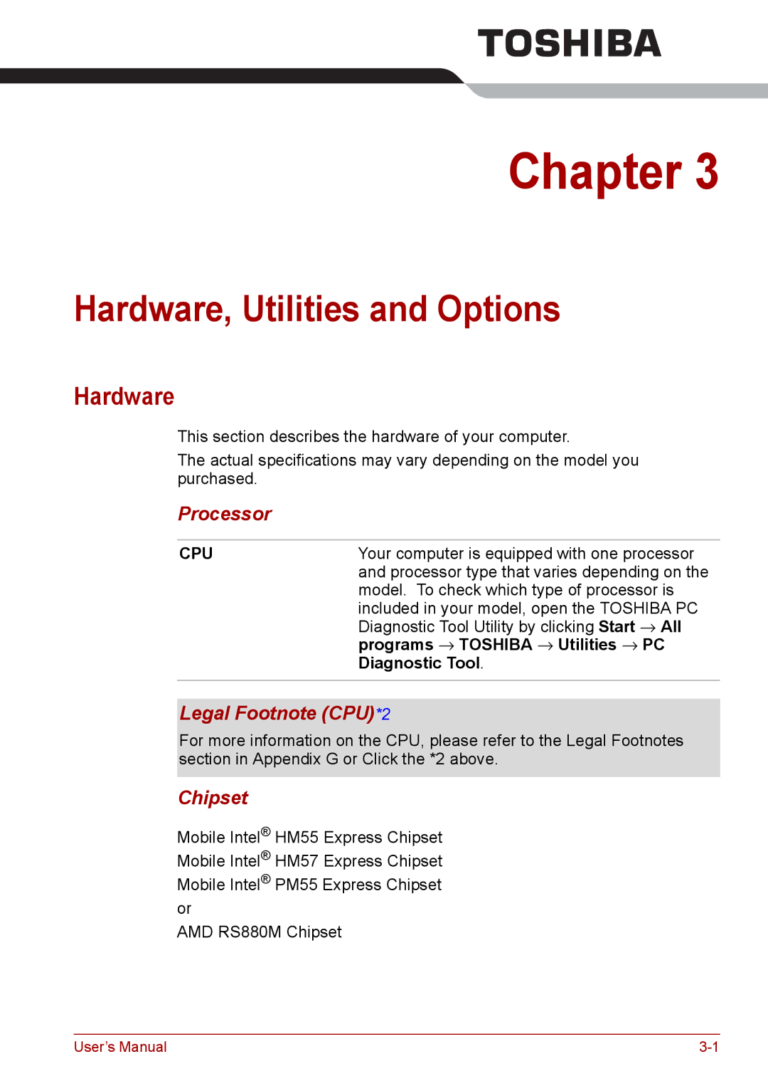 Toshiba L675D, Pro L670D user manual Hardware, Utilities and Options, Processor, Legal Footnote CPU*2, Chipset 