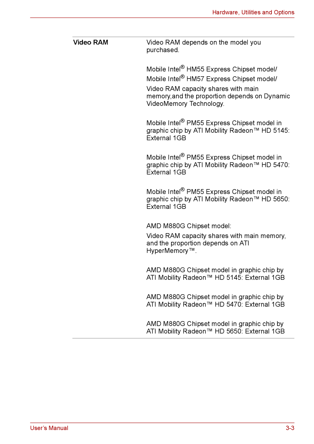 Toshiba Pro L670D, L675D user manual Video RAM 