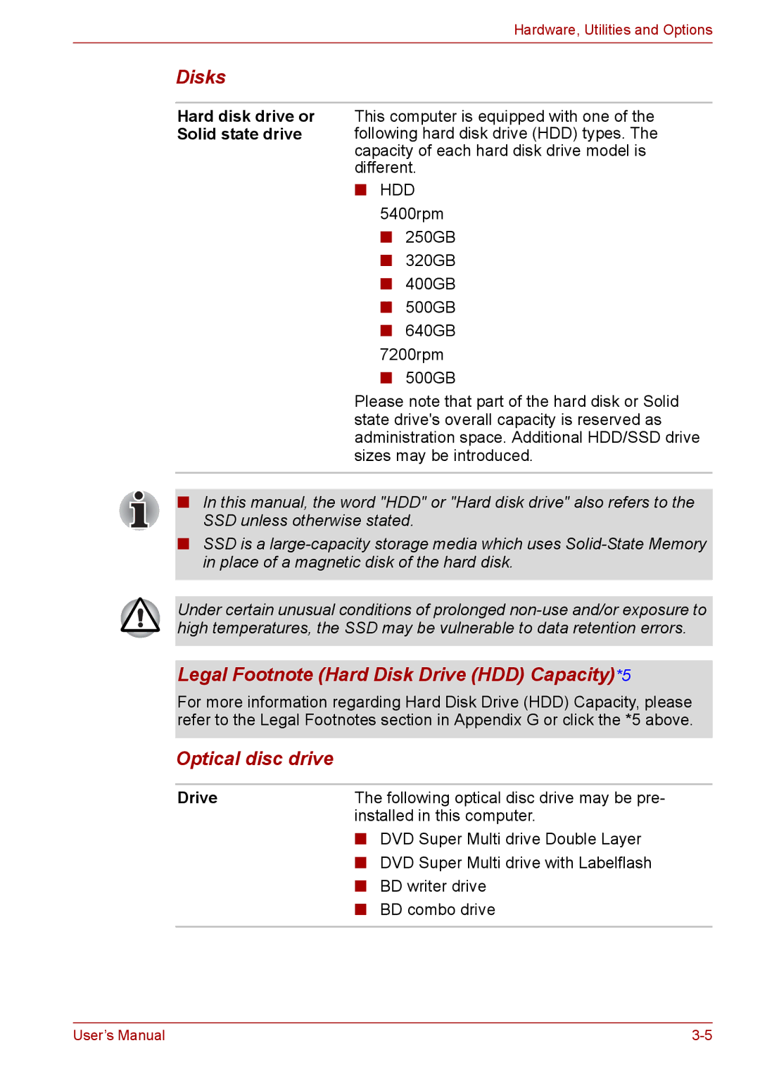 Toshiba Pro L670D, L675D user manual Disks, Legal Footnote Hard Disk Drive HDD Capacity*5, Optical disc drive 