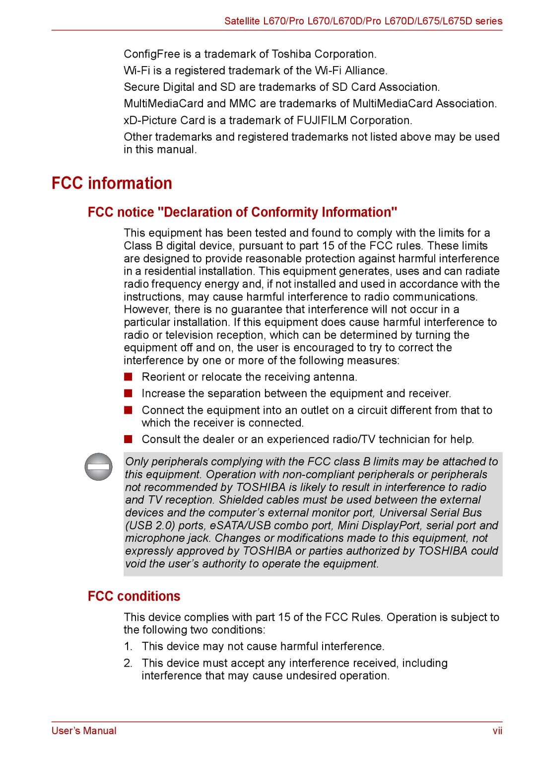 Toshiba Pro L670D, L675D user manual FCC information, FCC notice Declaration of Conformity Information, FCC conditions 