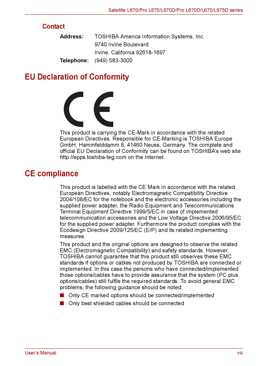 Toshiba Pro L670D, L675D user manual EU Declaration of Conformity CE compliance, Contact 