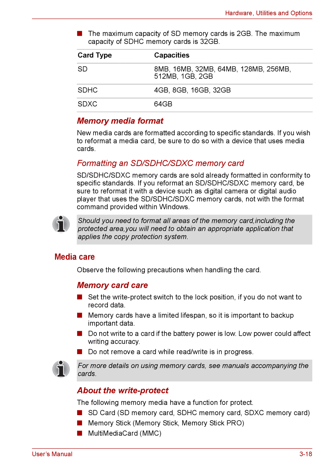Toshiba L670D, L675D Media care, Memory media format, Memory card care, About the write-protect, Card Type Capacities 