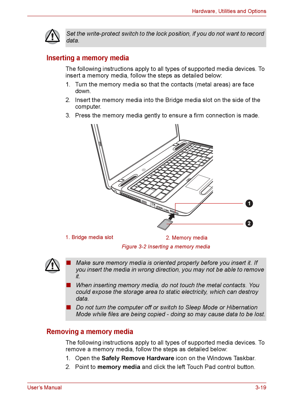 Toshiba L675D, Pro L670D user manual Inserting a memory media, Removing a memory media 