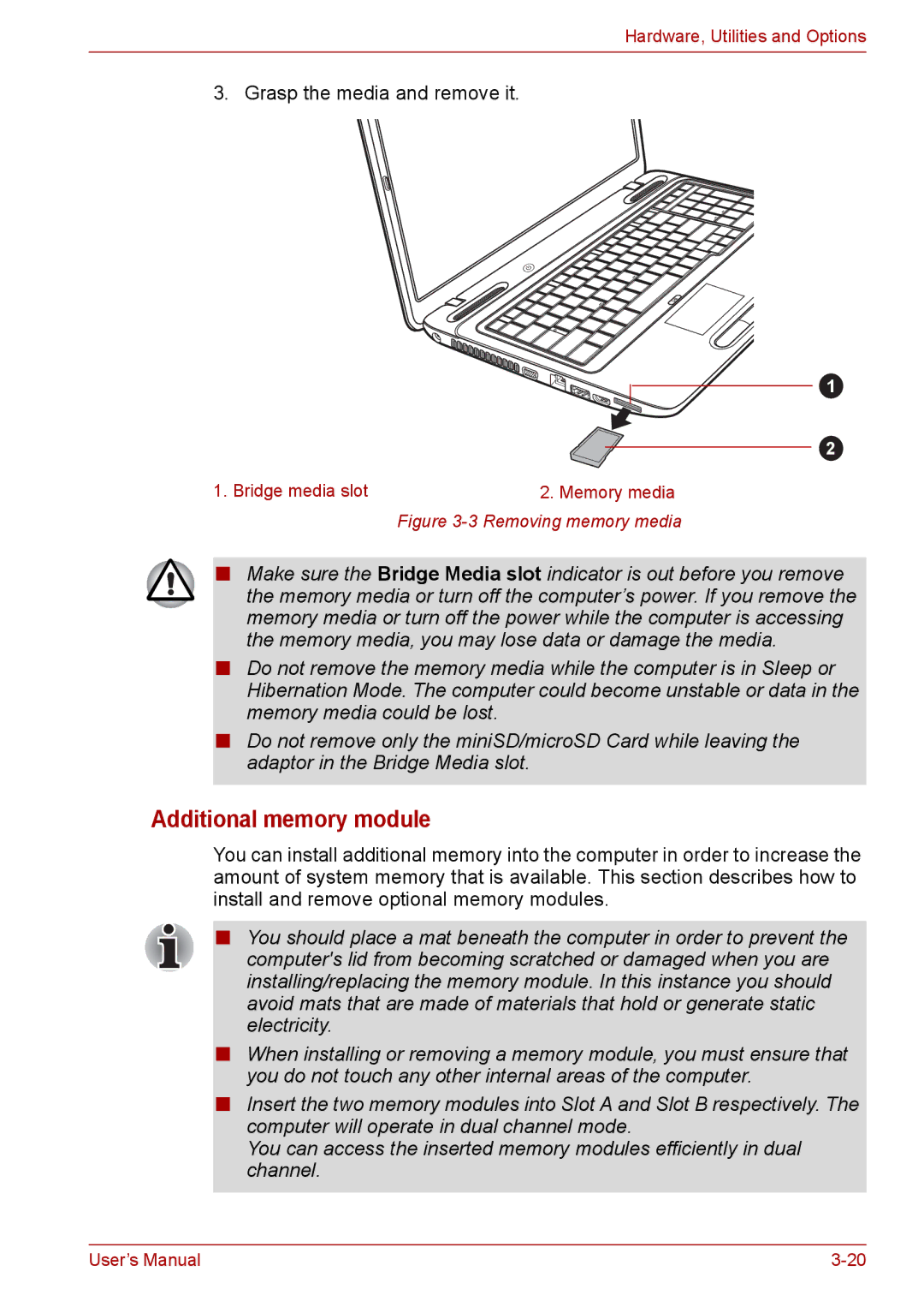 Toshiba Pro L670D, L675D user manual Additional memory module, Grasp the media and remove it 