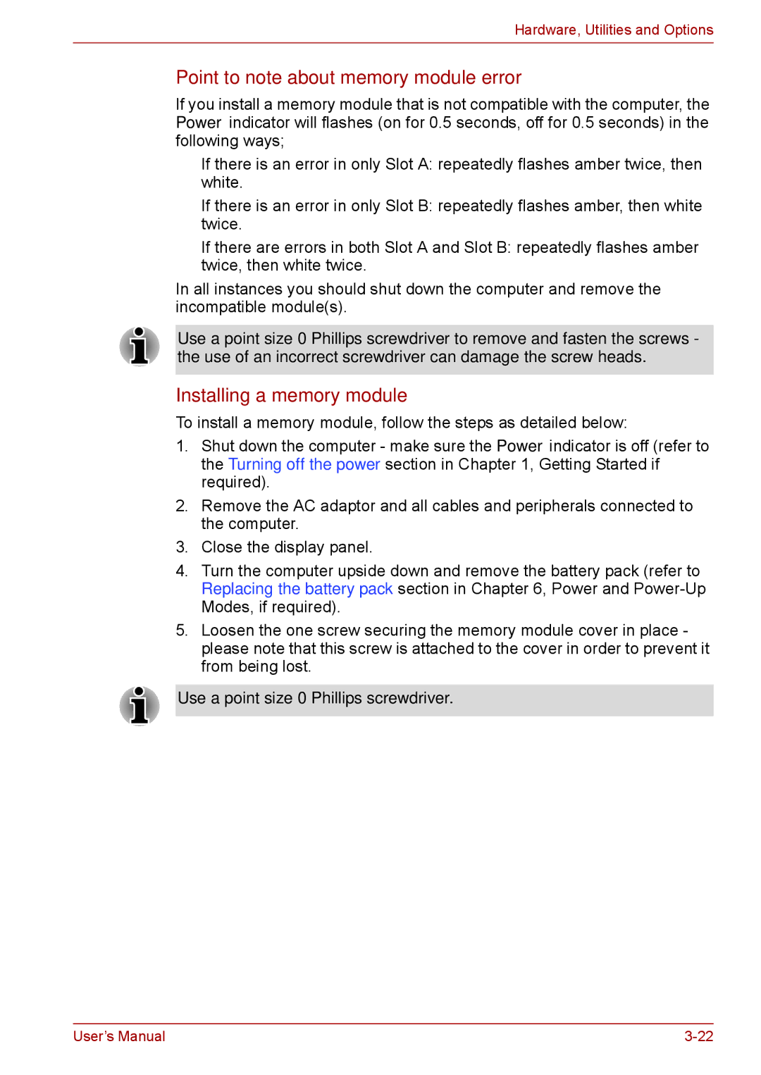 Toshiba Pro L670D, L675D user manual Point to note about memory module error, Installing a memory module 